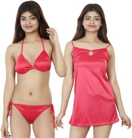 Nivcy Women Solid Satin Nightwear set's True Red Medium