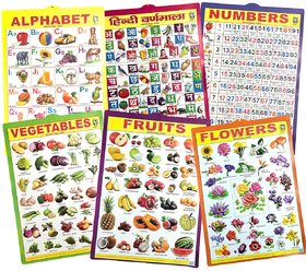 3D Learning Wall Charts for Kids (Pack of 6- Hindi Varnmala English Alphabets and Numbers 1 to 100, Vegetable, Fruits A