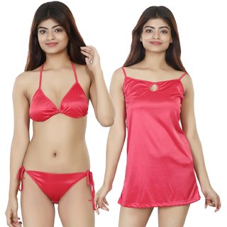                       Nivcy Women Solid Satin Nightwear set's True Red Small                                              