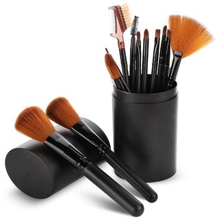                       ViltonFiber Bristle Makeup Brushes Set Tool Pro Foundation Eyeliner Eyeshadow (Black) with Sponge Puff- Black, 12 Pieces                                              