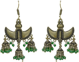 Oxidised Gold Jhumkas With Green Beads