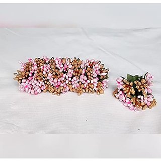                       PK Accessories Short Gold and Pink veni/Artificial flowers/Gajara/Bridal Floral Accessories                                              