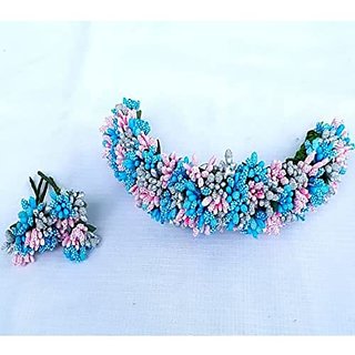                       PK Accessories Royal Silver Pink and Skyblue Colour veni/Artificial flowers/Gajara/Bridal Floral Accessories                                              