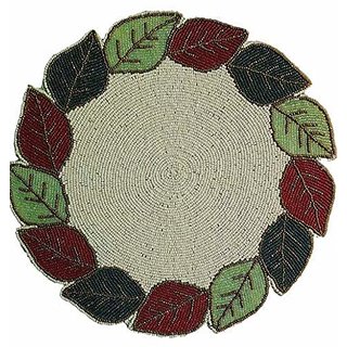                       FliHaut Handcrafted Beautiful Beaded Placemat Tablemat (White with Leaves, 14 inch)                                              