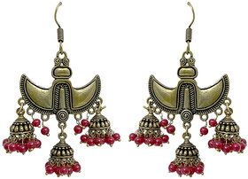 Oxidised Gold Jhumkas With Red Beads