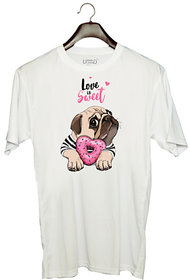 UDNAG Unisex Round Neck Graphic 'Pug & Doughnut | Love is Sweet' Polyester T-Shirt White