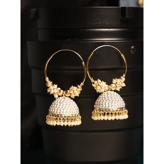                       Traditional Gold Plated Enamelled White Jhumka And Hoop Baali Earring                                              