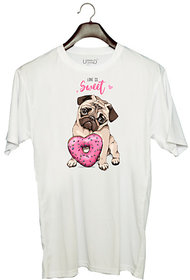 UDNAG Unisex Round Neck Graphic 'Pug & Doughnut | Pug with Pink Heart Doughnut' Polyester T-Shirt White