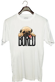 UDNAG Unisex Round Neck Graphic 'Pug | Pug Bored' Polyester T-Shirt White