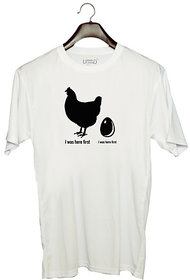UDNAG Unisex Round Neck Graphic 'Chicken & egg | Story of Chicken and Egg' Polyester T-Shirt White