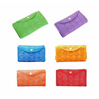 Folding Smiley Printed Shopping Bags Pack of 6 (Assorted Colours)