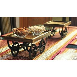 THE DISCOUNT STORE Serving Platter for Dining Table  Wooden Serving Cart  Thela Trolley  2 GLASS BOWLS FREE