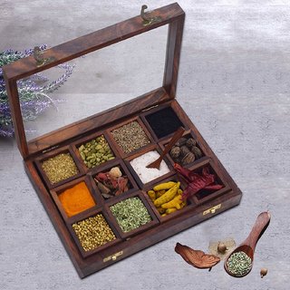 THE DISCOUNT STORE Sheesham Wooden Masala Box with Spoon  Masala Box Spice Box  Spice Box - 12 container