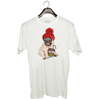                       UDNAG Unisex Round Neck Graphic 'Christmas | Christmas Pug' Polyester T-Shirt White                                              