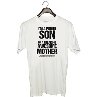                       UDNAG Unisex Round Neck Graphic 'Mother & Son | Im Proud Son of Freaking awesome Mother' Polyester T-Shirt White                                              
