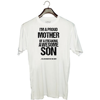                       UDNAG Unisex Round Neck Graphic 'Mother & Son | Im Proud mother of Freaking awesome Son' Polyester T-Shirt White                                              