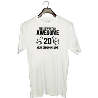                       UDNAG Unisex Round Neck Graphic 'Awesome | This is what an awesome 20 years old looks like' Polyester T-Shirt White                                              