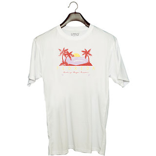                       UDNAG Unisex Round Neck Graphic 'Beach | Sea and coconut tree' Polyester T-Shirt White                                              