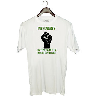                       UDNAG Unisex Round Neck Graphic 'Unity | Introverts unite separately in your own home' Polyester T-Shirt White                                              