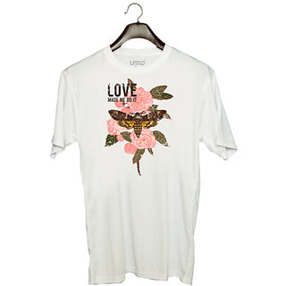                       UDNAG Unisex Round Neck Graphic 'Flower | Love made me do it, moth and rose' Polyester T-Shirt White                                              