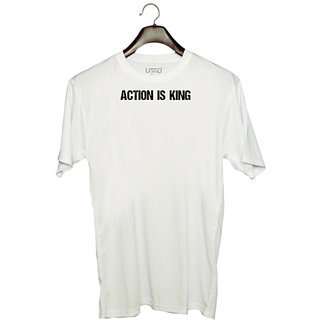                       UDNAG Unisex Round Neck Graphic 'Action king | Action is King' Polyester T-Shirt White                                              