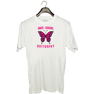                       UDNAG Unisex Round Neck Graphic 'Butterfly | Anti Social butterfly' Polyester T-Shirt White                                              