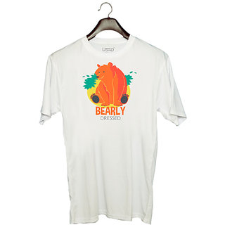                       UDNAG Unisex Round Neck Graphic 'Bear | Bearly dressed' Polyester T-Shirt White                                              