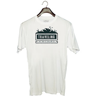                       UDNAG Unisex Round Neck Graphic 'Mountain travelling' Polyester T-Shirt White                                              