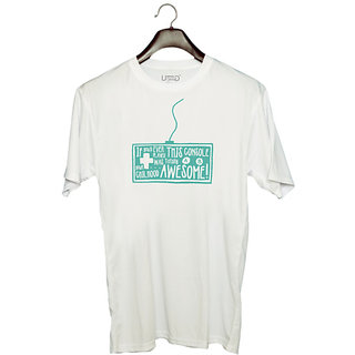                      UDNAG Unisex Round Neck Graphic 'childhood and awesome' Polyester T-Shirt White                                              