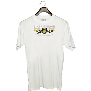                       UDNAG Unisex Round Neck Graphic 'Bike garrage and retro motor' Polyester T-Shirt White                                              
