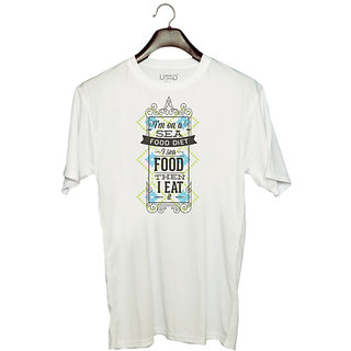                       UDNAG Unisex Round Neck Graphic 'Diet | Eat and Diet' Polyester T-Shirt White                                              