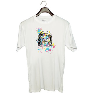                       UDNAG Unisex Round Neck Graphic 'Astronaut | Astronaut Cat' Polyester T-Shirt White                                              
