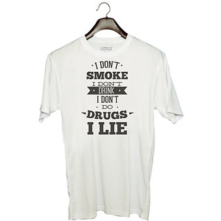                       UDNAG Unisex Round Neck Graphic 'Lie | I don't smoke, i don't drink, i don't do I lie' Polyester T-Shirt White                                              
