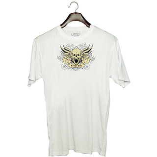                       UDNAG Unisex Round Neck Graphic 'Death | sample text' Polyester T-Shirt White                                              