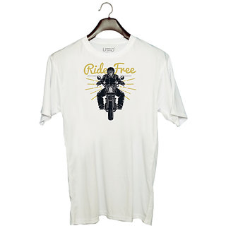                       UDNAG Unisex Round Neck Graphic 'Ride free and Motor cycle' Polyester T-Shirt White                                              