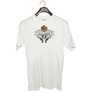                       UDNAG Unisex Round Neck Graphic 'Death | Hat Gun Saloon' Polyester T-Shirt White                                              