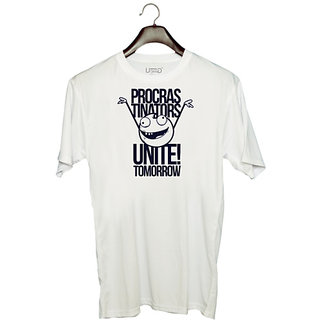                       UDNAG Unisex Round Neck Graphic 'Meme | Procras tinators Unite! tomorrow' Polyester T-Shirt White                                              