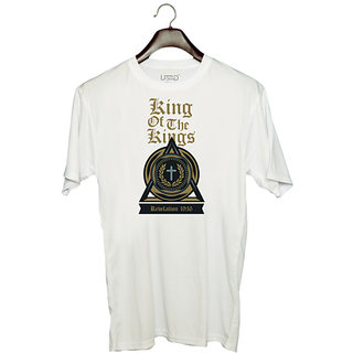                       UDNAG Unisex Round Neck Graphic 'Christian cross | King of the kings' Polyester T-Shirt White                                              