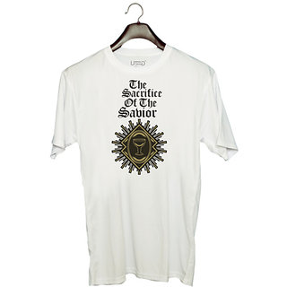                       UDNAG Unisex Round Neck Graphic 'The Sacrifice of the Sabior' Polyester T-Shirt White                                              