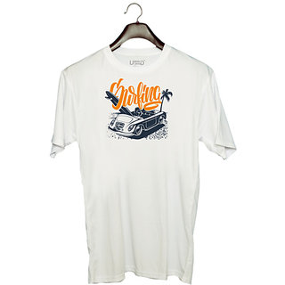                       UDNAG Unisex Round Neck Graphic 'Ourfing car' Polyester T-Shirt White                                              