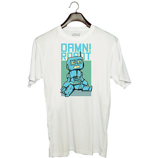                       UDNAG Unisex Round Neck Graphic 'Robot | Damn Robot' Polyester T-Shirt White                                              