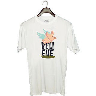                       UDNAG Unisex Round Neck Graphic 'Cartoon  Pig Beli EVE' Polyester T-Shirt White                                              