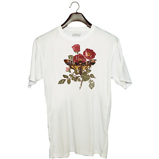                       UDNAG Unisex Round Neck Graphic 'Flowers  Rose and moth' Polyester T-Shirt White                                              
