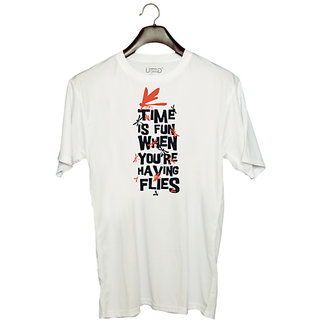                       UDNAG Unisex Round Neck Graphic 'Fun time | Time is fun when you are having flies' Polyester T-Shirt White                                              