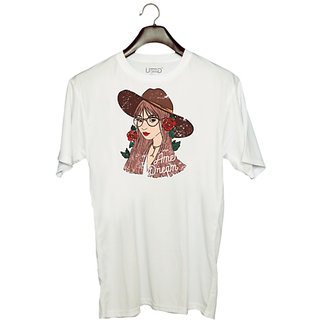                       UDNAG Unisex Round Neck Graphic 'Aamerican Dream | Girl and rose' Polyester T-Shirt White                                              