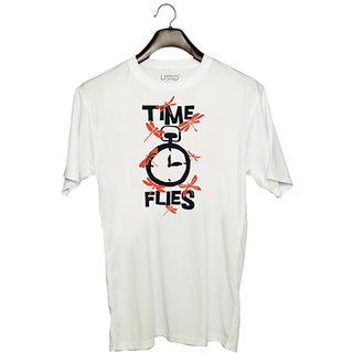                       UDNAG Unisex Round Neck Graphic 'Fun time  Time Flies' Polyester T-Shirt White                                              