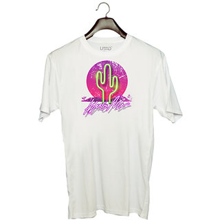                       UDNAG Unisex Round Neck Graphic 'Hug me and cactus' Polyester T-Shirt White                                              