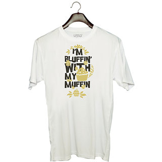                       UDNAG Unisex Round Neck Graphic 'Cake | I am Bluffin with my muffin' Polyester T-Shirt White                                              