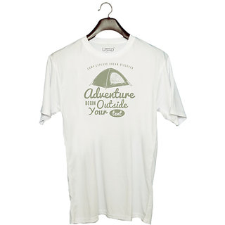                       UDNAG Unisex Round Neck Graphic 'Adventure | Adventure begins outside the tent' Polyester T-Shirt White                                              