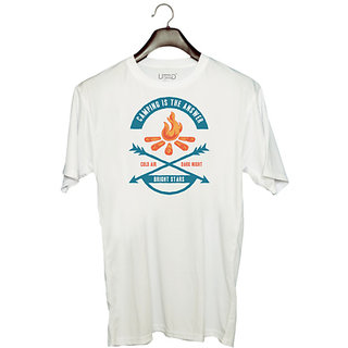                       UDNAG Unisex Round Neck Graphic 'Camping | Camping is the answer of bright star' Polyester T-Shirt White                                              